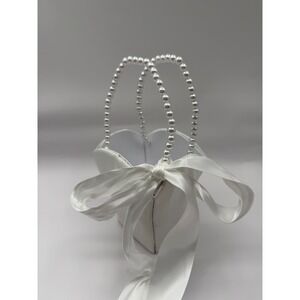 Unbranded Flower Girl Basket Girls OS White Satin Pearl Handles Bow Wedding